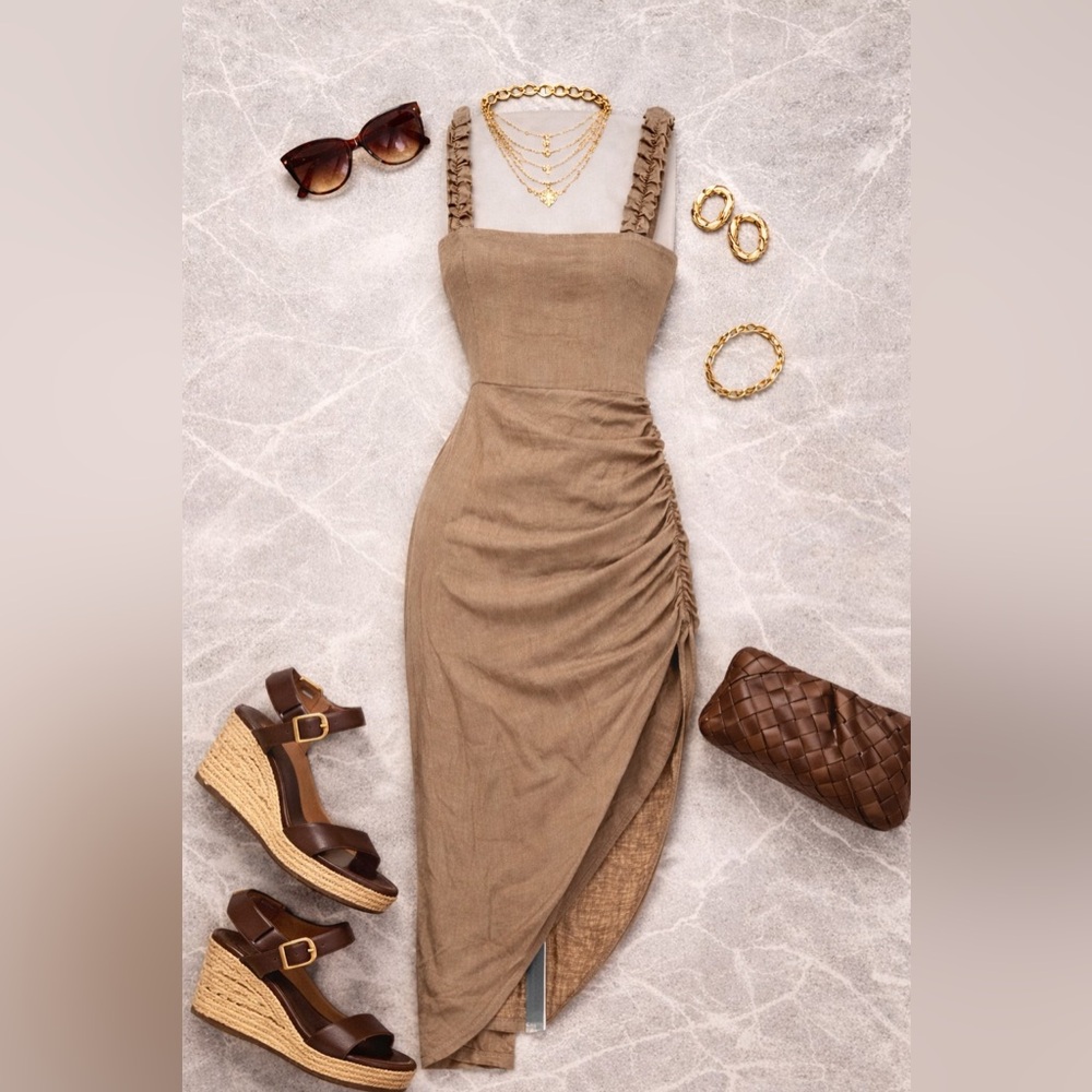Just Bee Queen Resort Dress-Ruched Linen Midi Dress | Neutral Taupe